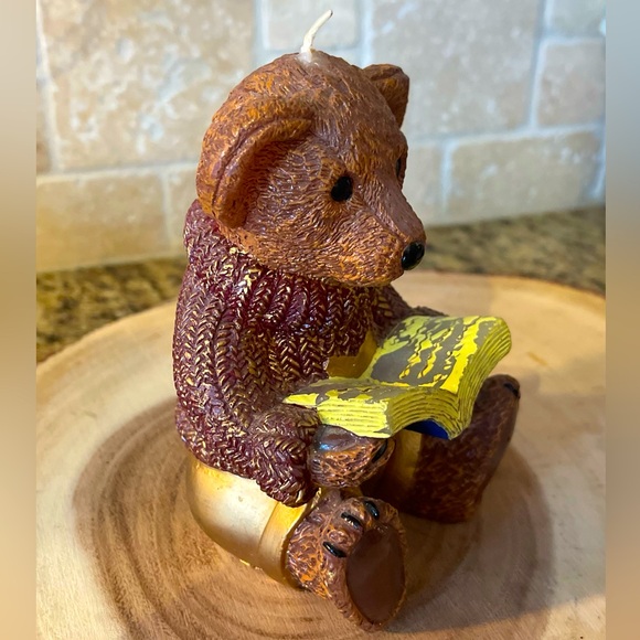 Vintage Wax Candle Brown Teddy Bear in sweater reading a book - Picture 3 of 7